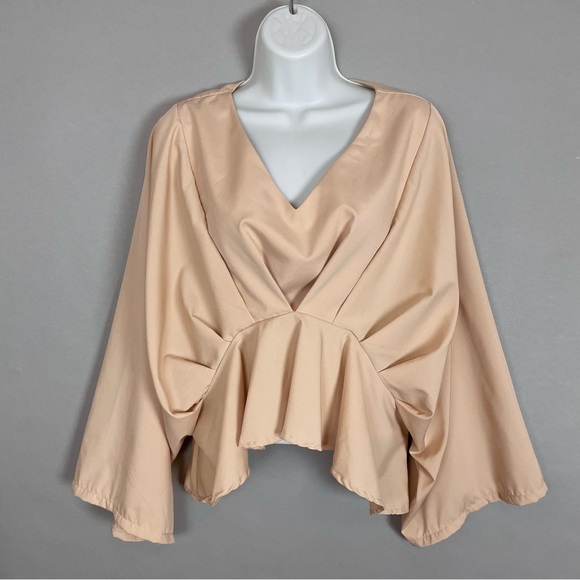 Origami‎ Blouse Pleated Crop Top Oversized Peach Beige V-Neck Long Sleeves Artsy - Picture 1 of 11